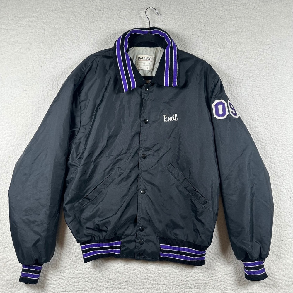 Vintage DeLONG Varsity Jacket Mens L Black Purple Quilt Lined Bomber Letterman
